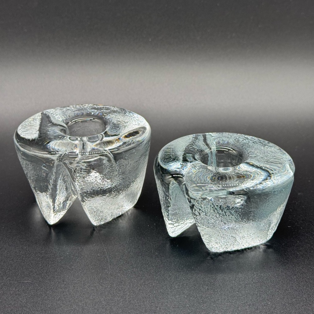 Pair Blenko Art Glass Wedge Footed Taper Candle Holders 990B Clear Ice Textured